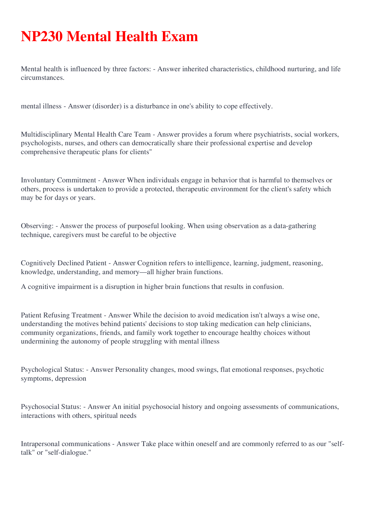 NP230 Mental Health Exam 2022 with complete solutions Browsegrades